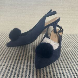 NEW Isaac Mizrahi Blue‎ Suede Sling Back Pom Pom Kitten Heels